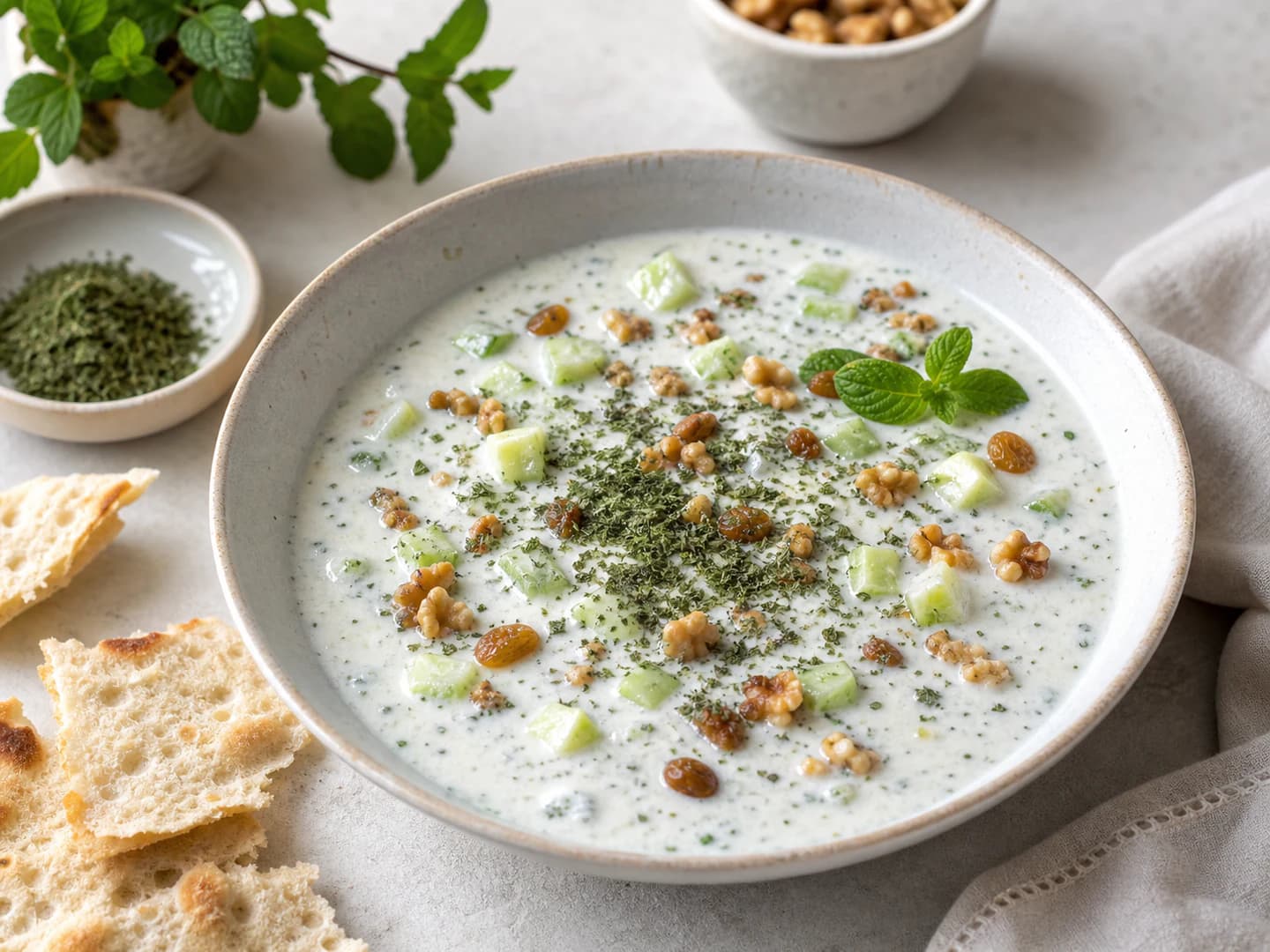 Dalal doogh cucumber bowl with walnuts and mint