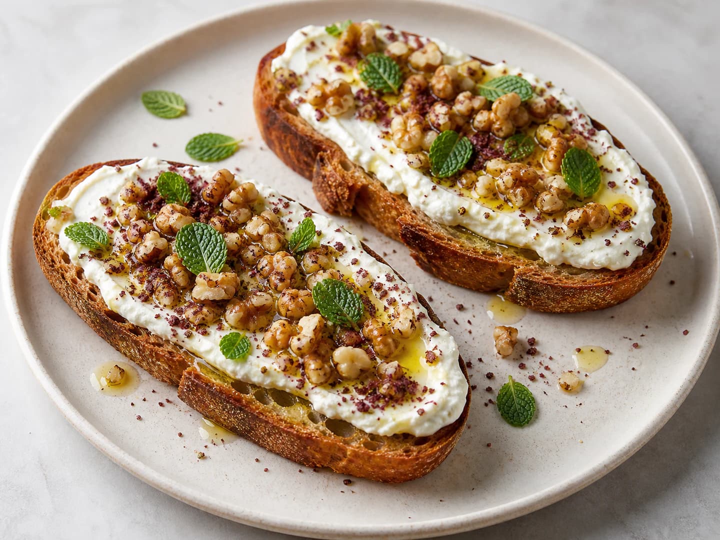 Labneh toast with walnuts and sumac