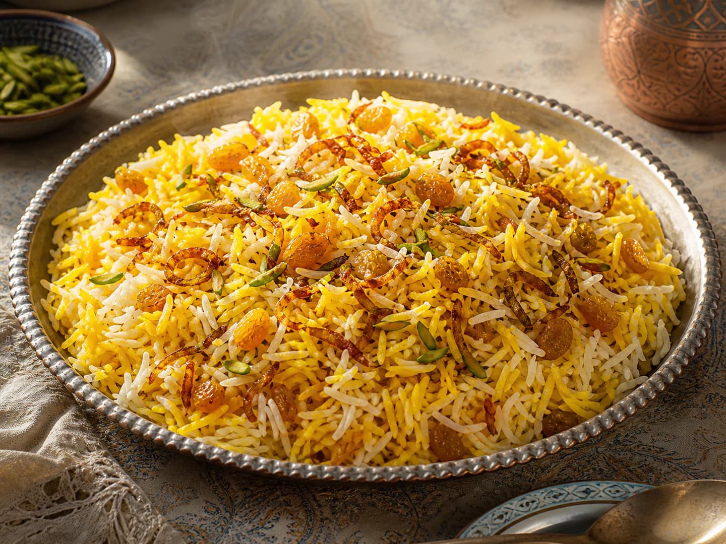 Smoked saffron rice with cooking raisins