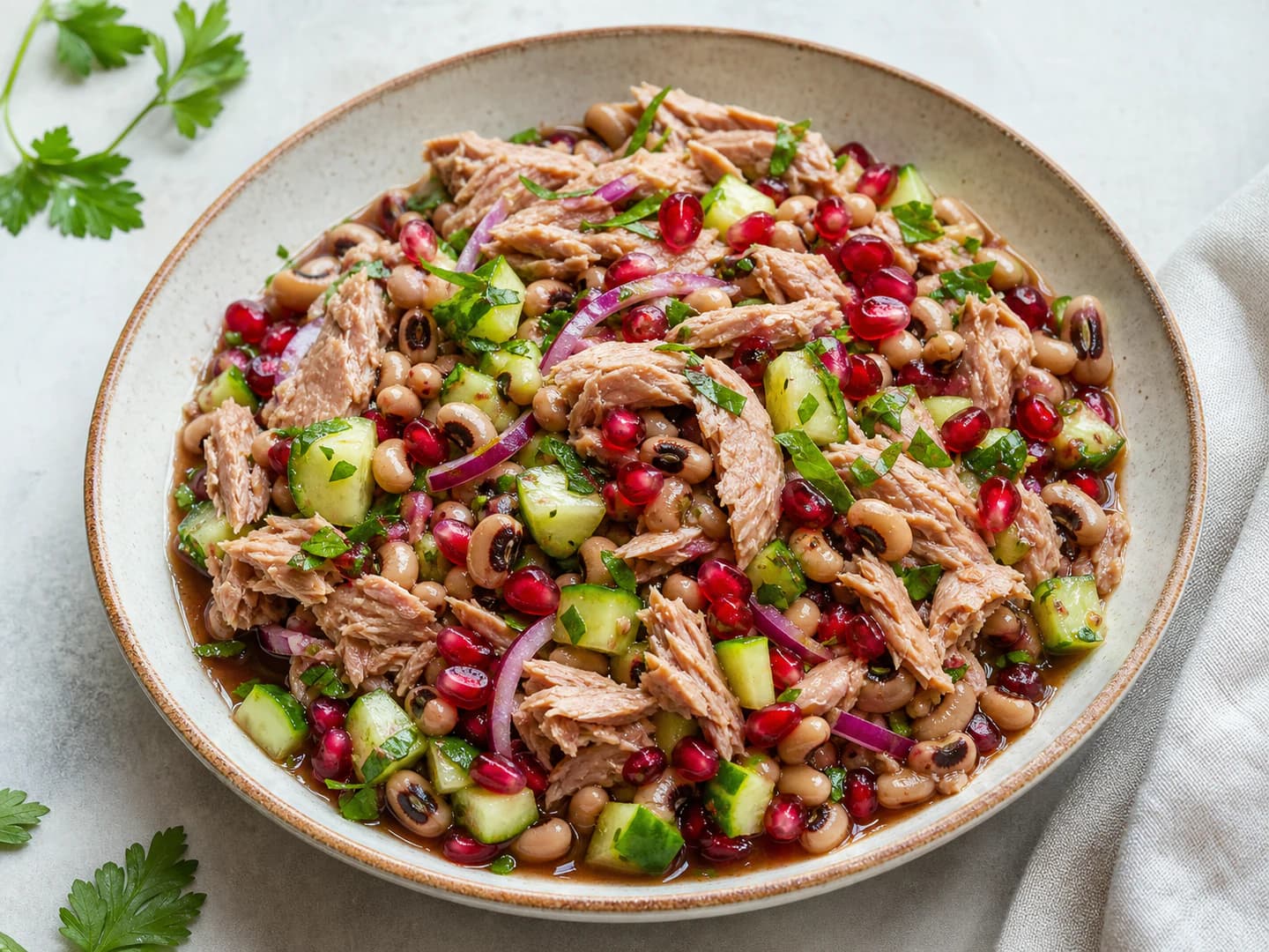 Tuna and black-eyed bean salad with pomegranate dressing