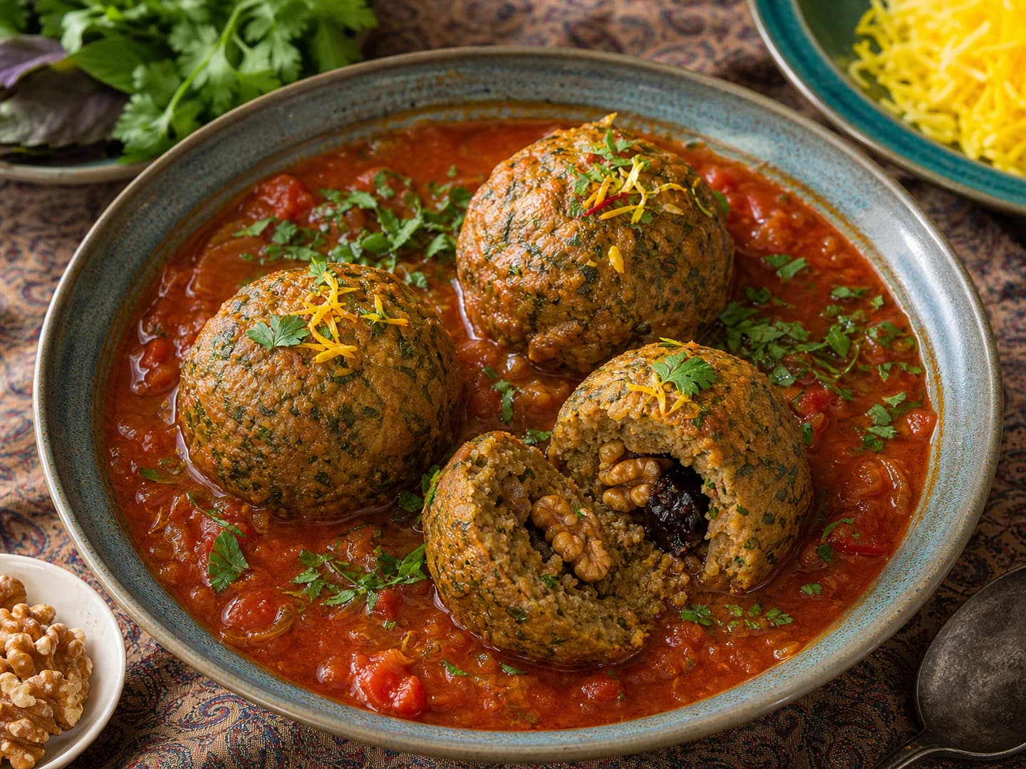 Walnut and plum koofteh with prepared herbs